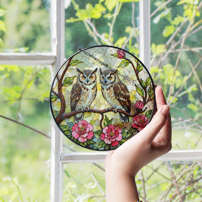 Two Owls on Flowering Branch Stained Glass Style Round Suncatcher Gift for Bird Lovers