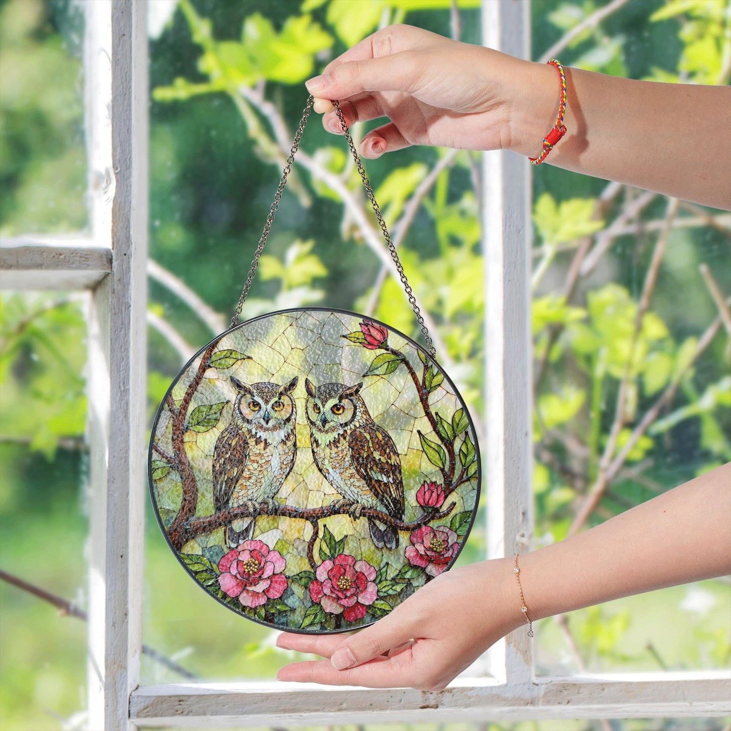 Two Owls on Flowering Branch Stained Glass Style Round Suncatcher Gift for Bird Lovers