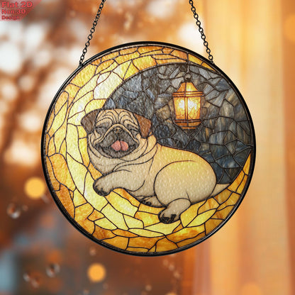Pug on Moon Faux Stained Glass Suncatcher – Cozy Dog and Lantern Night Scene Window Decor, Gift for Pet Lovers, Dog Moms, and Peaceful Homes