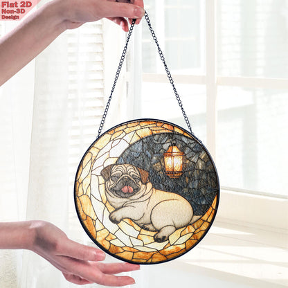 Pug on Moon Faux Stained Glass Suncatcher – Cozy Dog and Lantern Night Scene Window Decor, Gift for Pet Lovers, Dog Moms, and Peaceful Homes