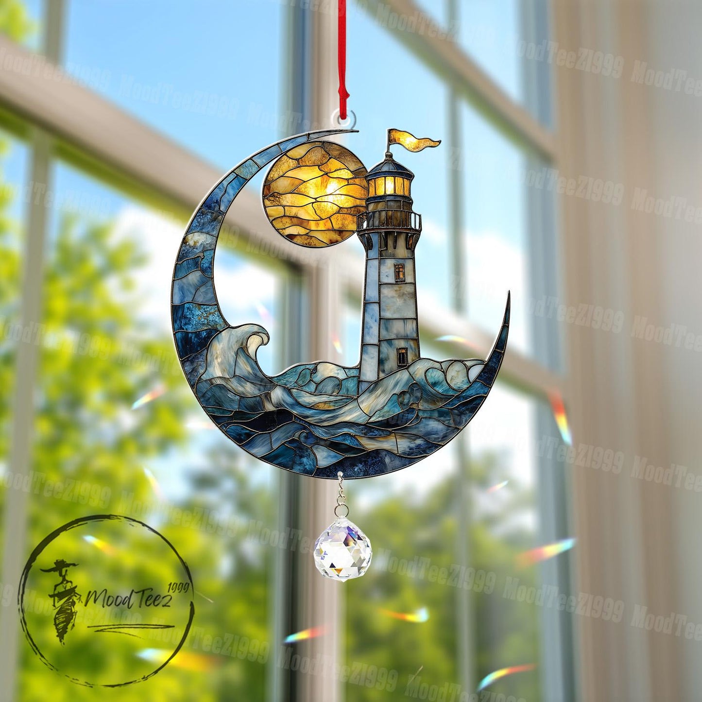 Lighthouse Window Hanging with Crystal, Crescent Moon and Ocean Wave Design, Nautical Window Decoration for Coastal Home,Gift or Beach Lover