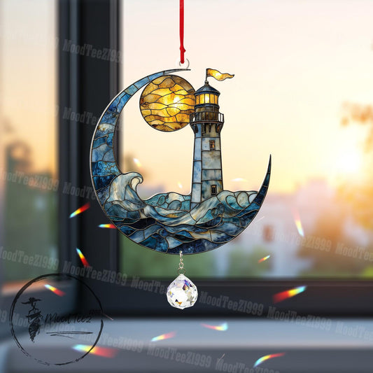 Lighthouse Window Hanging with Crystal, Crescent Moon and Ocean Wave Design, Nautical Window Decoration for Coastal Home,Gift or Beach Lover