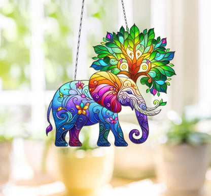 Elephant Tree Window Hanging, Faux Stained Glass Suncatcher, Boho Animal Decor, Vibrant Home Accent, Unique Nature-Inspired Gift, Mom Gift