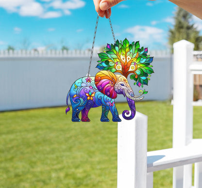 Elephant Tree Window Hanging, Faux Stained Glass Suncatcher, Boho Animal Decor, Vibrant Home Accent, Unique Nature-Inspired Gift, Mom Gift