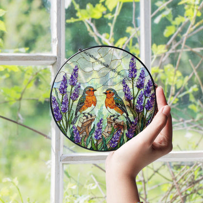 Two robins with lavender floral stained glass round suncatcher window hanging gift for mom