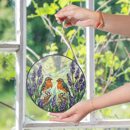Two robins with lavender floral stained glass round suncatcher window hanging gift for mom