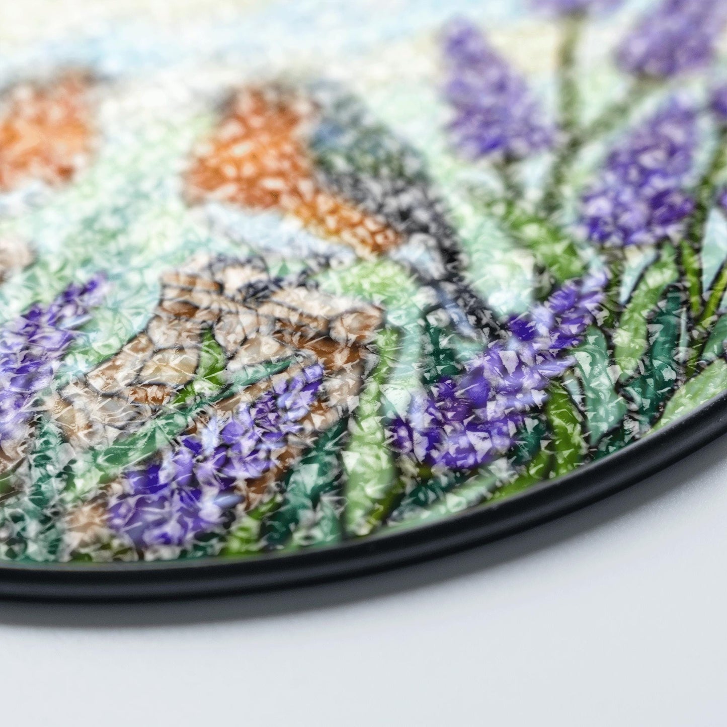 Two robins with lavender floral stained glass round suncatcher window hanging gift for mom