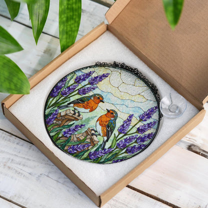 Two robins with lavender floral stained glass round suncatcher window hanging gift for mom