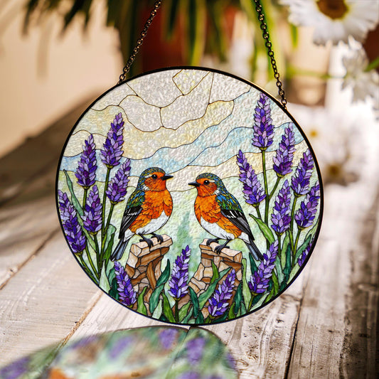 Two robins with lavender floral stained glass round suncatcher window hanging gift for mom