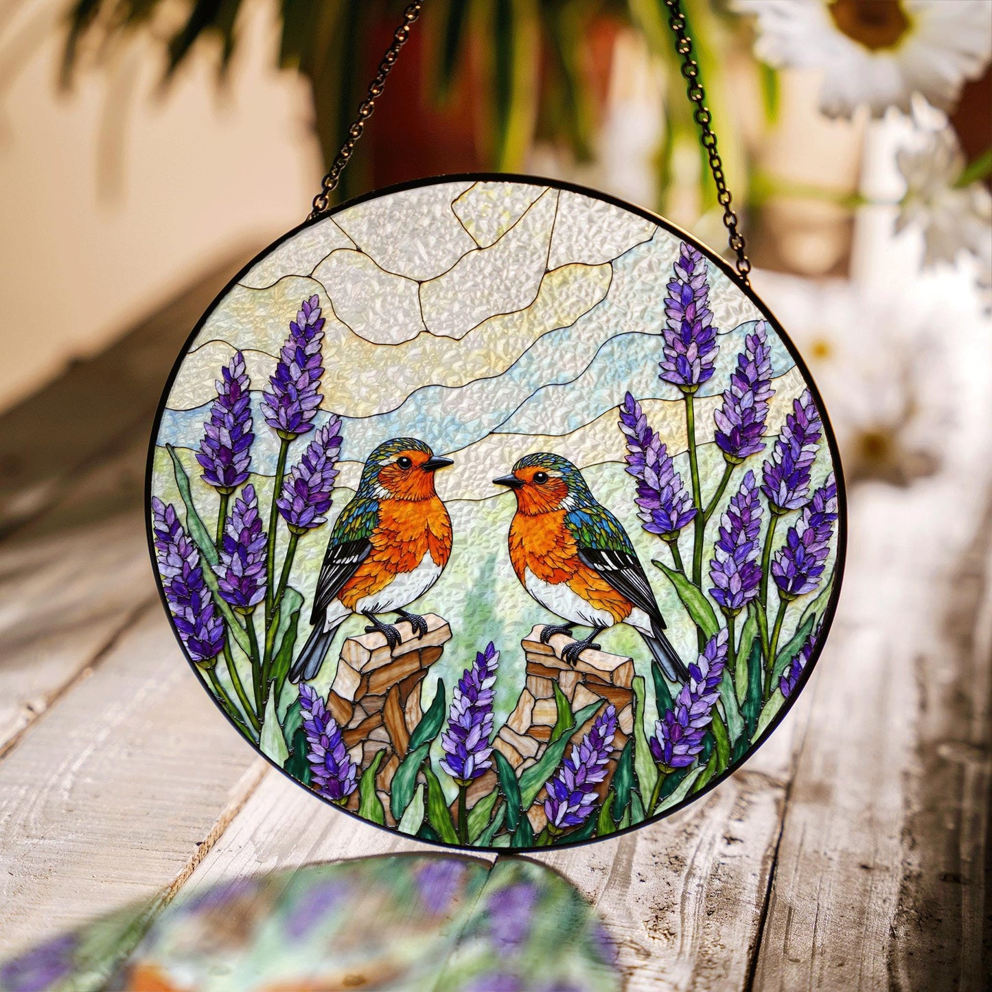 Two robins with lavender floral stained glass round suncatcher window hanging gift for mom