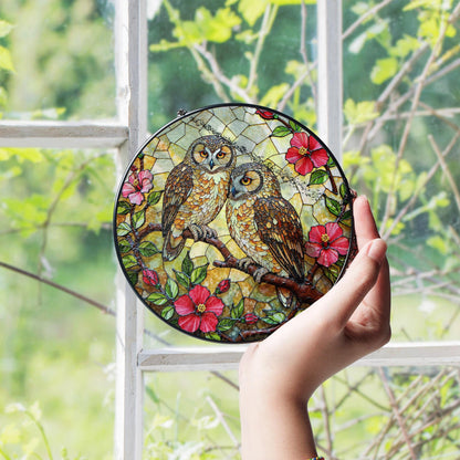 two owls on branch floral stained glass window hanging bird art gift for mom or grandma nature lovers