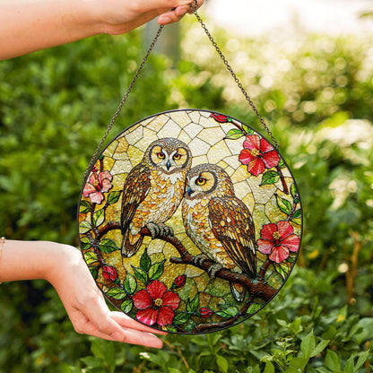 two owls on branch floral stained glass window hanging bird art gift for mom or grandma nature lovers