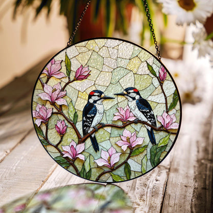 woodpeckers on magnolia branches stained glass style window suncatcher gift for mom