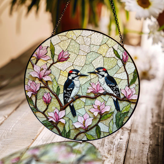 woodpeckers on magnolia branches stained glass style window suncatcher gift for mom