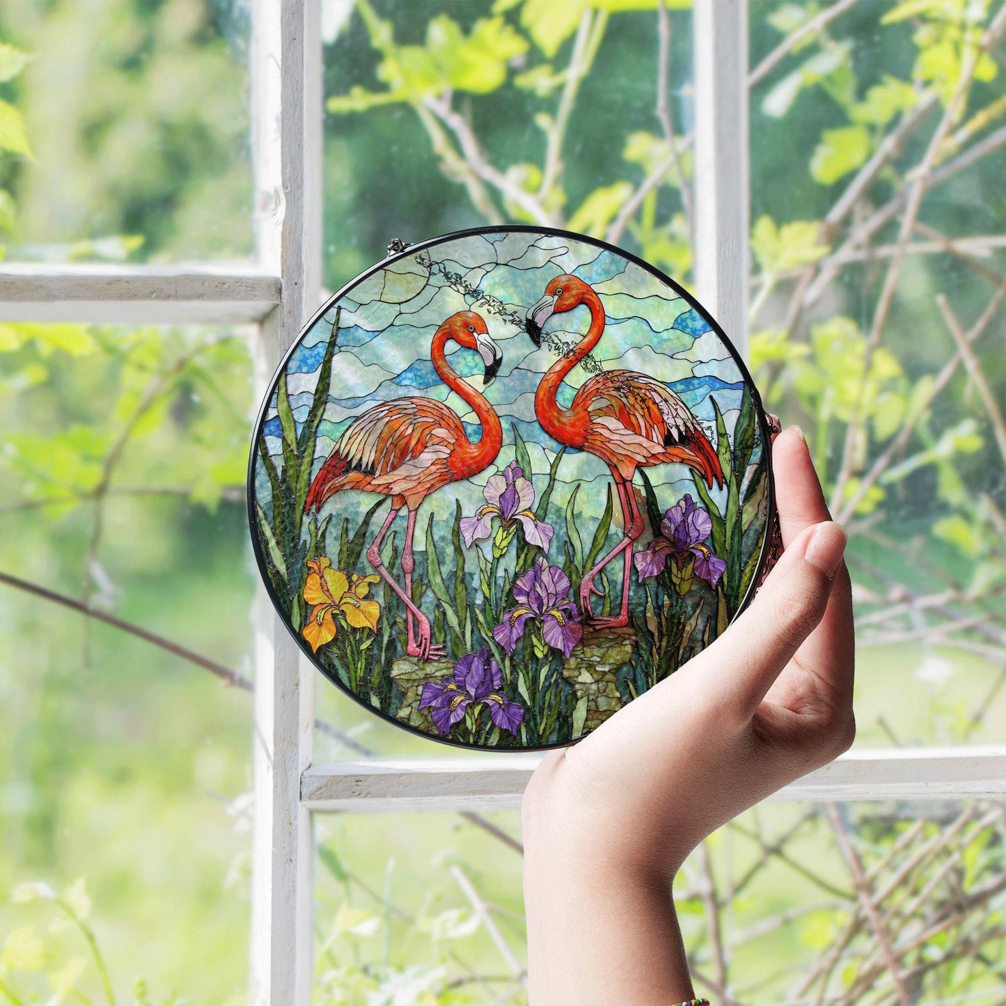 Flamingo Garden Scene Stained Glass Window Hanging Sun Catcher Gift for Bird Lovers