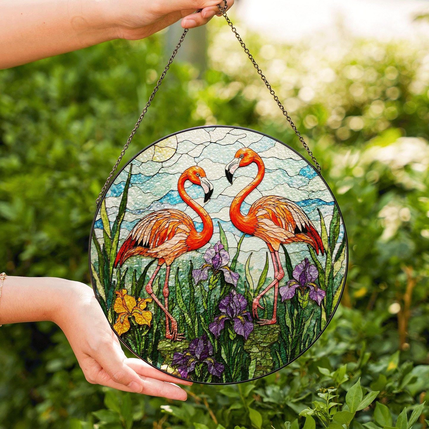 Flamingo Garden Scene Stained Glass Window Hanging Sun Catcher Gift for Bird Lovers