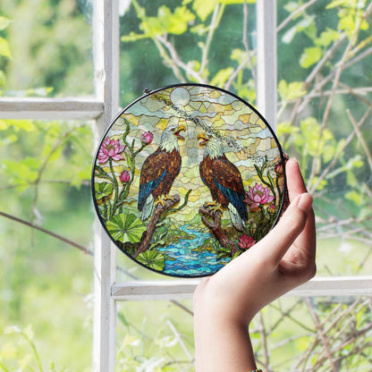 bald eagles in forest stained glass round suncatcher unique window decor gift for dad
