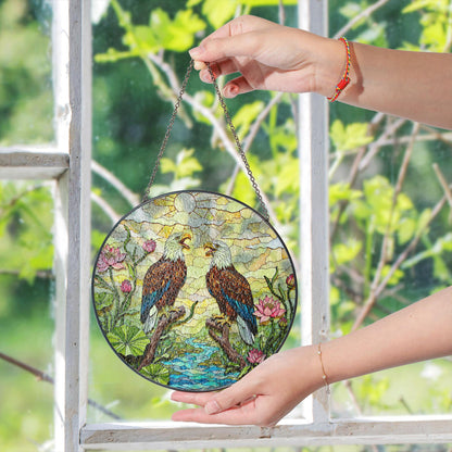 bald eagles in forest stained glass round suncatcher unique window decor gift for dad