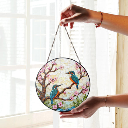 Kingfisher Birds on Cherry Blossom Branch Stained Glass Suncatcher Gift for Bird Lover