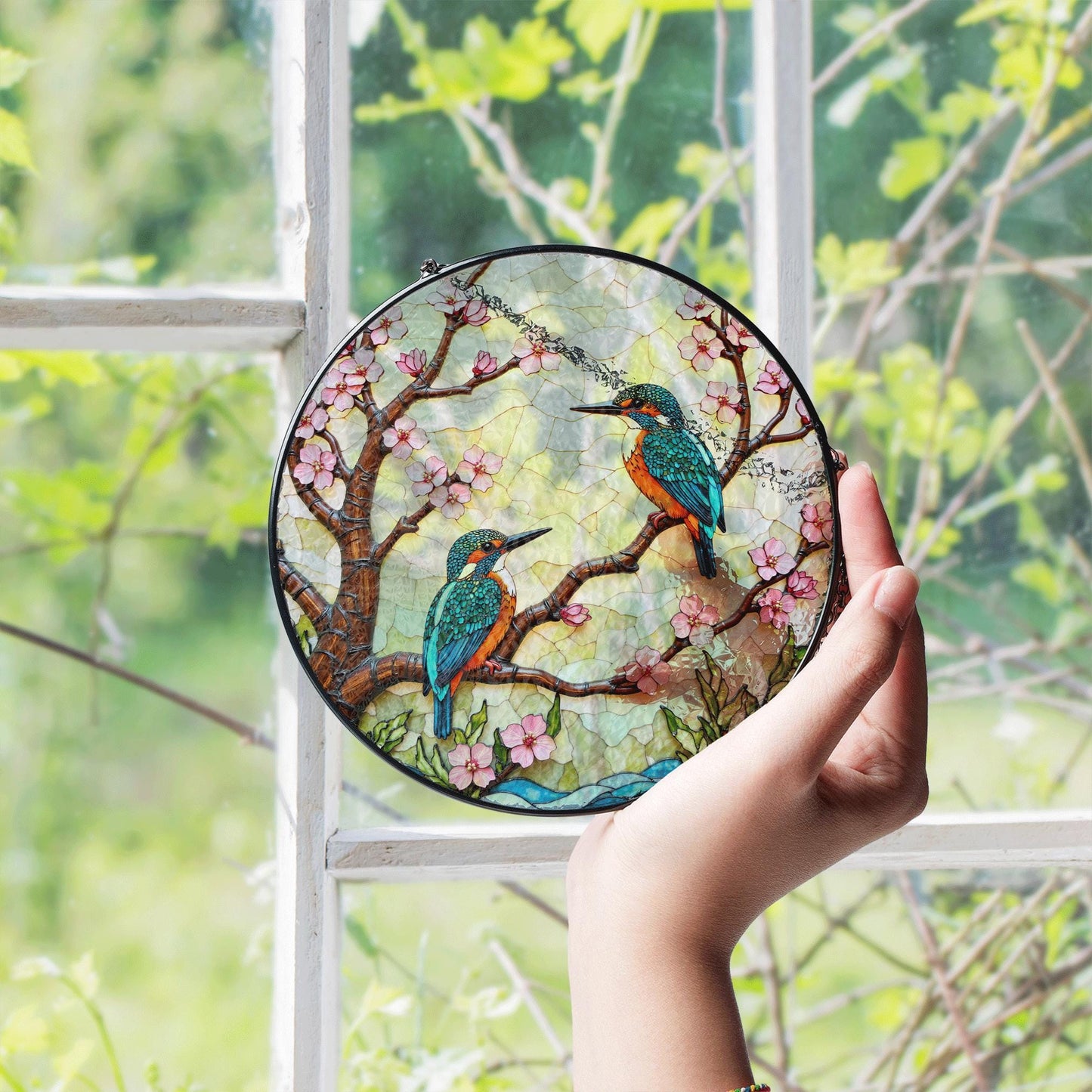 Kingfisher Birds on Cherry Blossom Branch Stained Glass Suncatcher Gift for Bird Lover