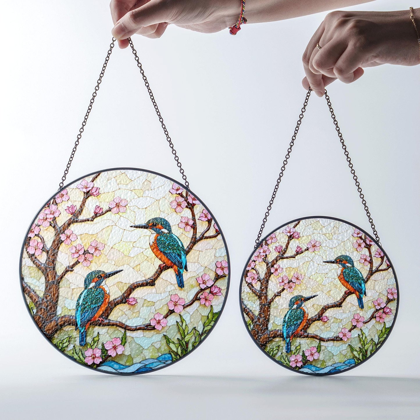 Kingfisher Birds on Cherry Blossom Branch Stained Glass Suncatcher Gift for Bird Lover
