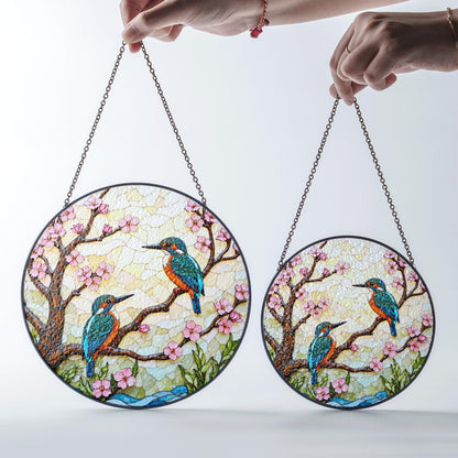 Kingfisher Birds on Cherry Blossom Branch Stained Glass Suncatcher Gift for Bird Lover