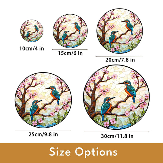 Kingfisher Birds on Cherry Blossom Branch Stained Glass Suncatcher Gift for Bird Lover