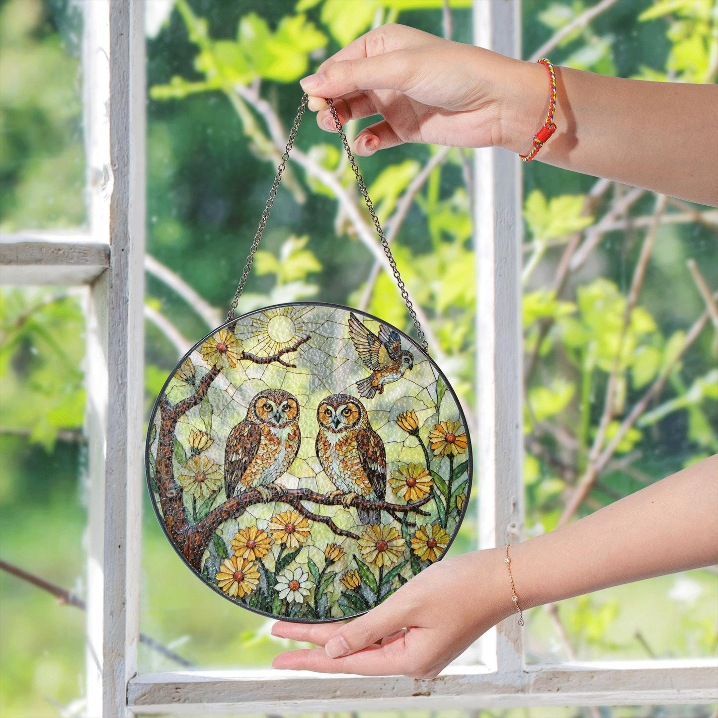Two Owls on Flowering Branch Round Suncatcher Stained Glass Gift for Bird Lovers