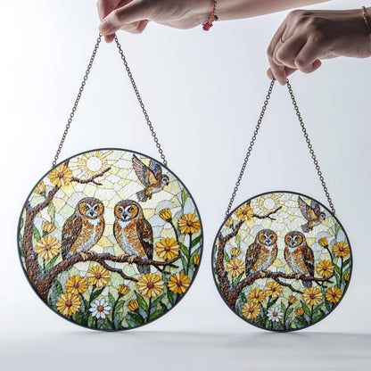 Two Owls on Flowering Branch Round Suncatcher Stained Glass Gift for Bird Lovers