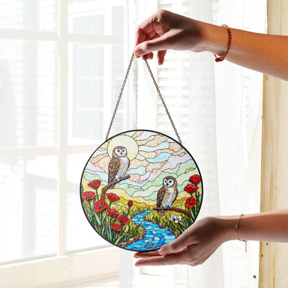 two owls river poppy field stained glass suncatcher forest art decor gift for bird lover