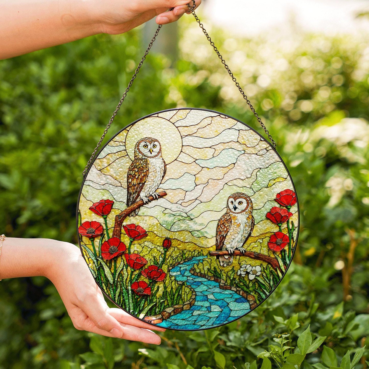 two owls river poppy field stained glass suncatcher forest art decor gift for bird lover