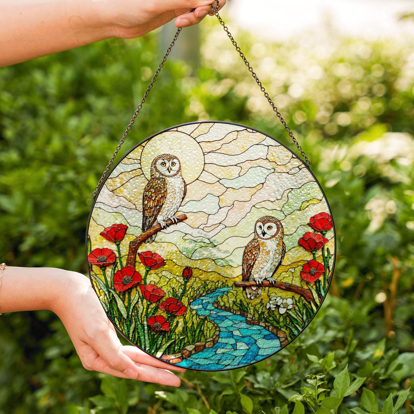 two owls river poppy field stained glass suncatcher forest art decor gift for bird lover