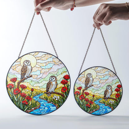 two owls river poppy field stained glass suncatcher forest art decor gift for bird lover