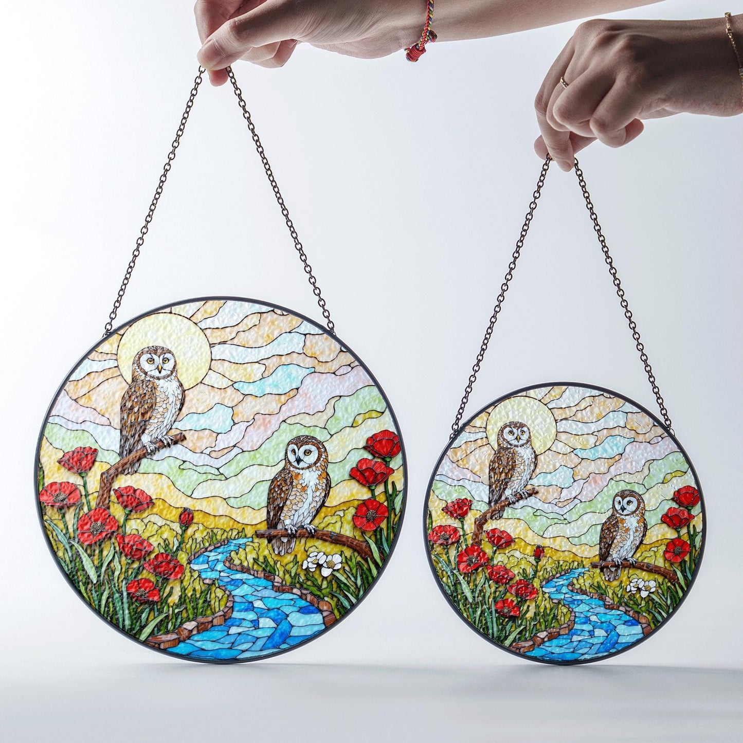 two owls river poppy field stained glass suncatcher forest art decor gift for bird lover