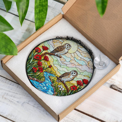 two owls river poppy field stained glass suncatcher forest art decor gift for bird lover