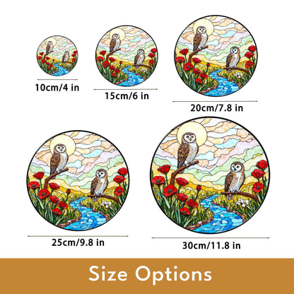 two owls river poppy field stained glass suncatcher forest art decor gift for bird lover