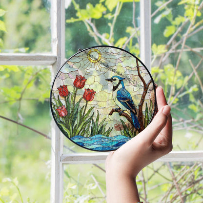 Blue jay red tulips stained glass suncatcher handmade window decor gift for bird lover friend