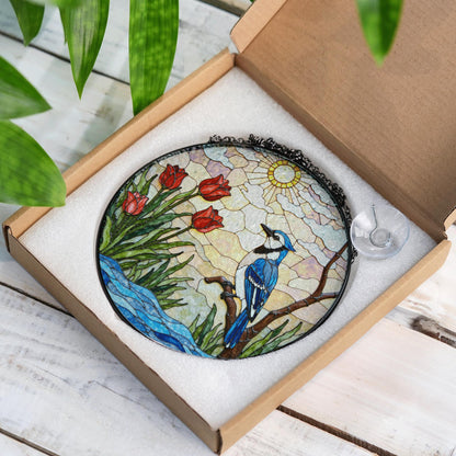 Blue jay red tulips stained glass suncatcher handmade window decor gift for bird lover friend