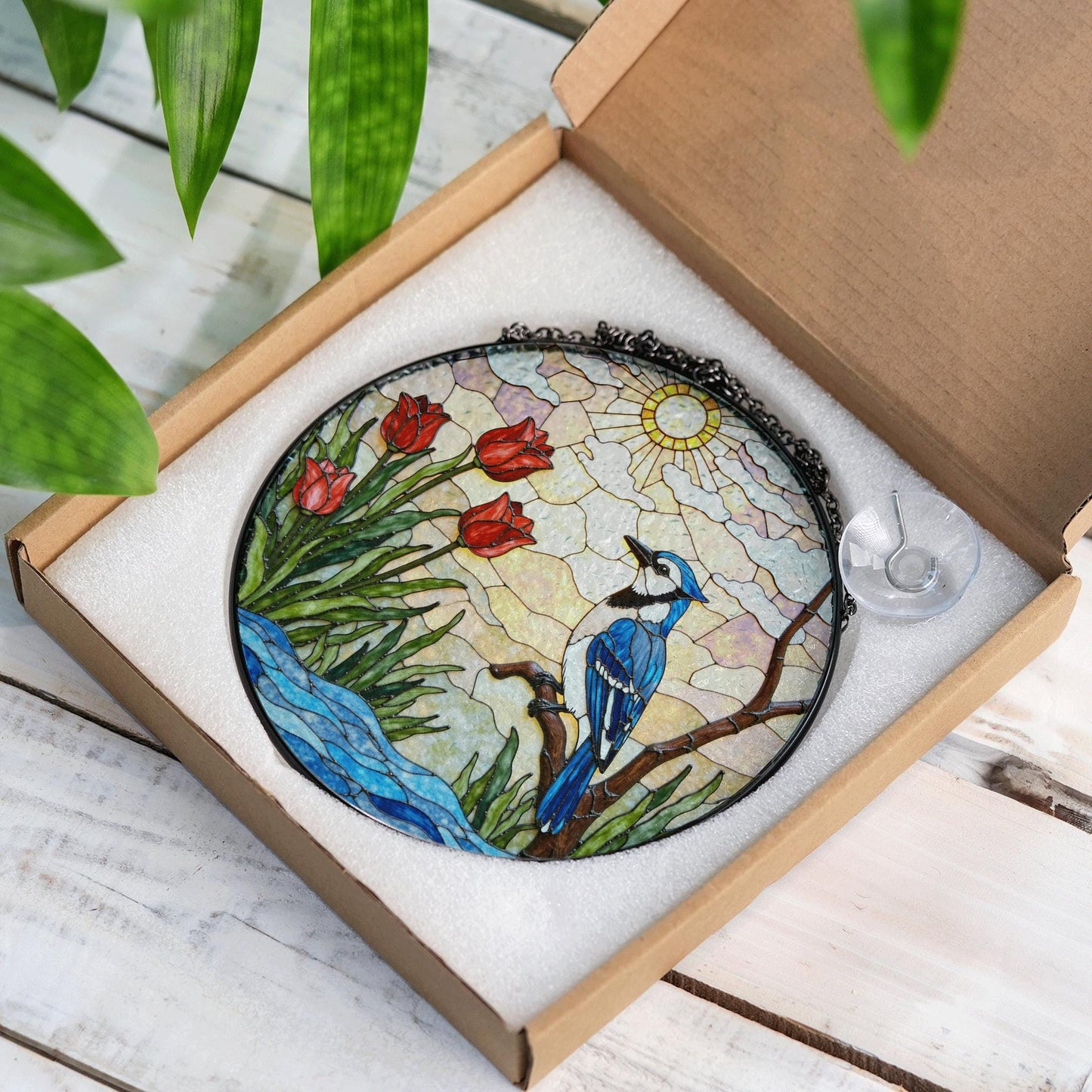 Blue jay red tulips stained glass suncatcher handmade window decor gift for bird lover friend