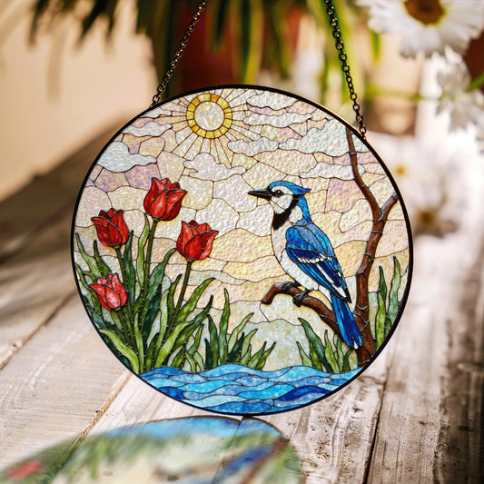 Blue jay red tulips stained glass suncatcher handmade window decor gift for bird lover friend
