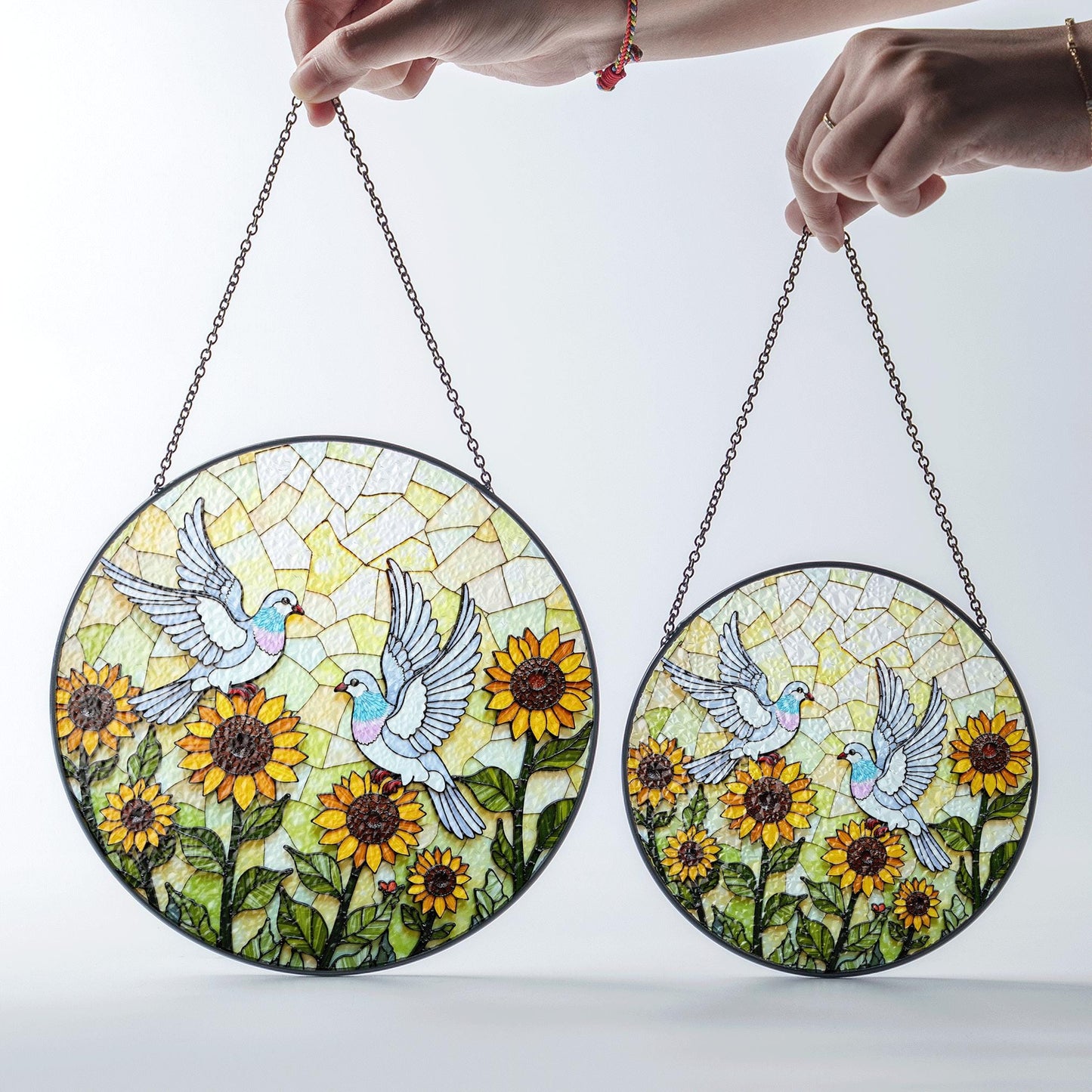 Sunflower Dove Art Round Stained Glass Window Sun Catcher Gift for Nature Lovers