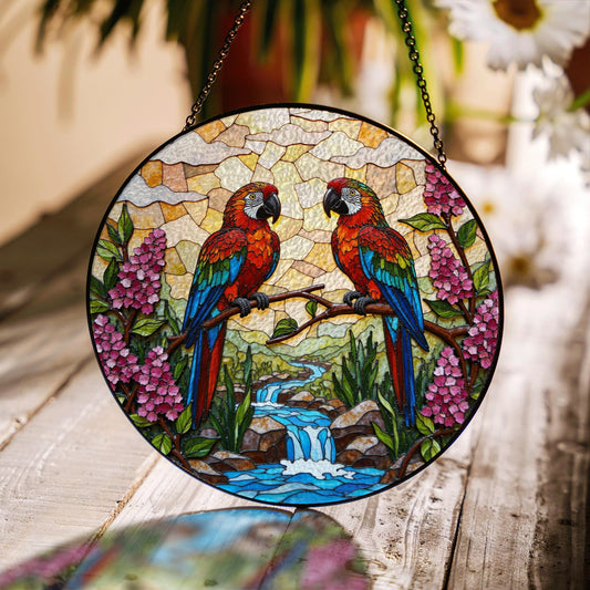 Colorful parrots stained glass suncatcher bird art window decor gift for bird lovers or friends