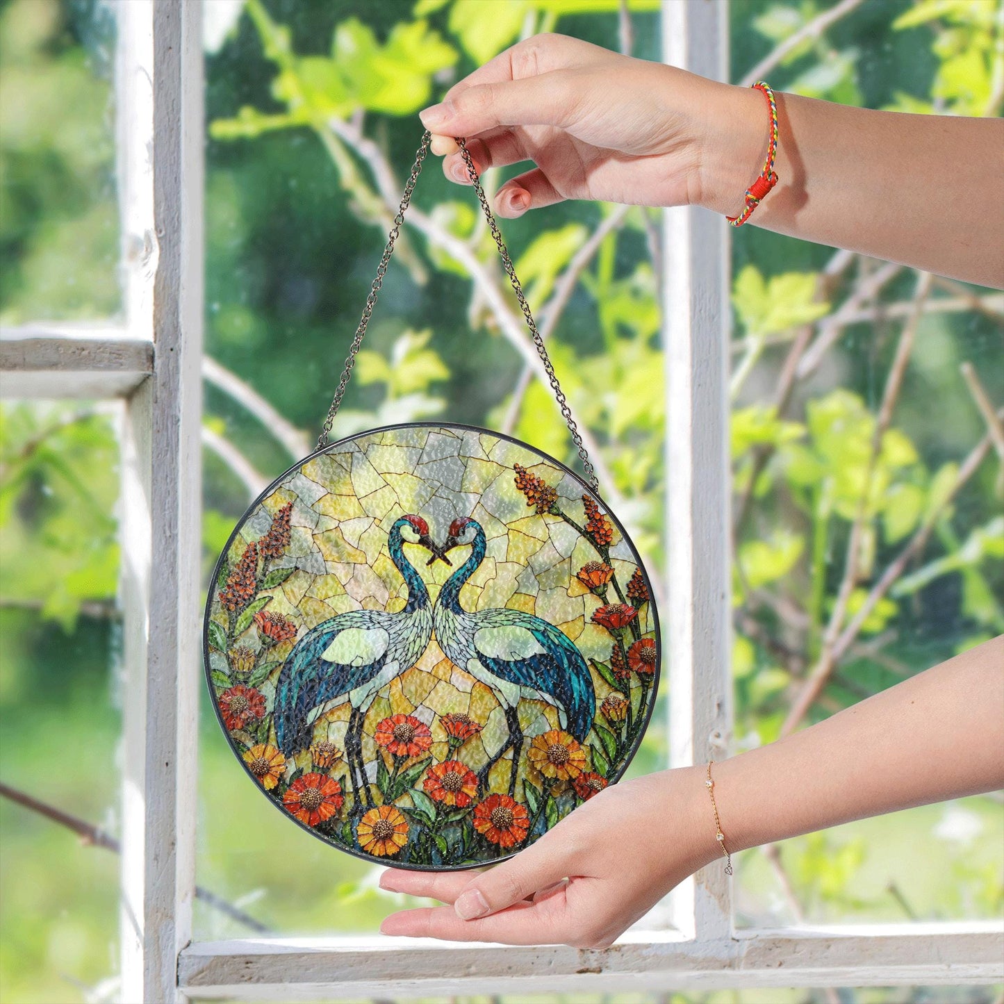 Two Cranes with Heart Shape Sun Catcher Stained Glass Window Decor Wedding Gift