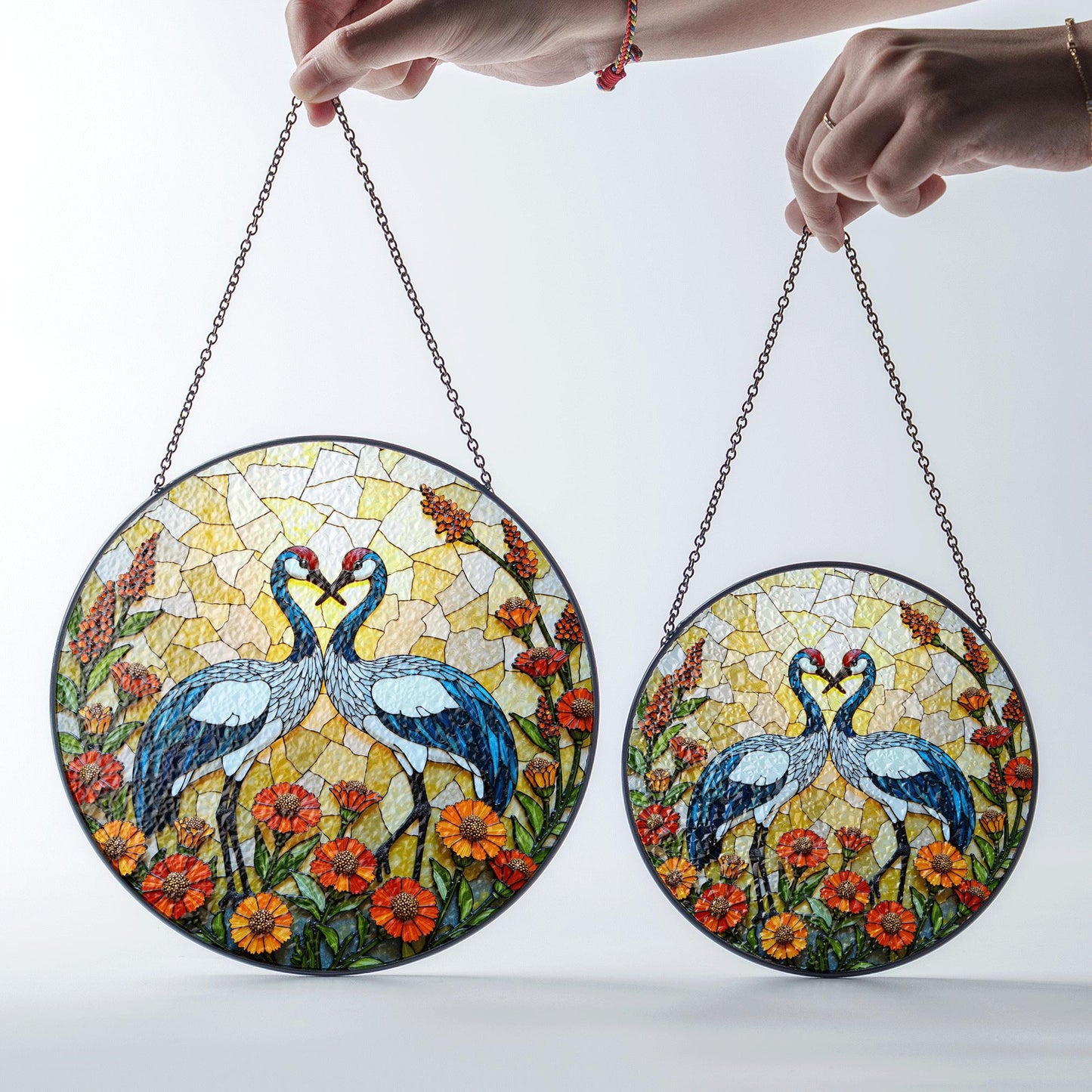 Two Cranes with Heart Shape Sun Catcher Stained Glass Window Decor Wedding Gift