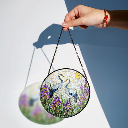Crane and iris glass art round stained suncatcher window decor perfect gift for mom