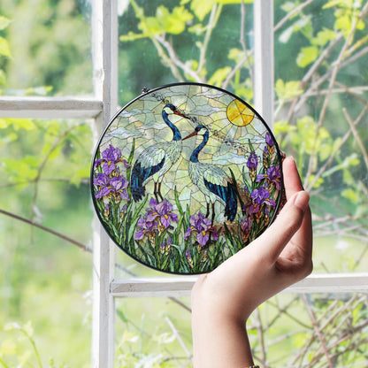Crane and iris glass art round stained suncatcher window decor perfect gift for mom