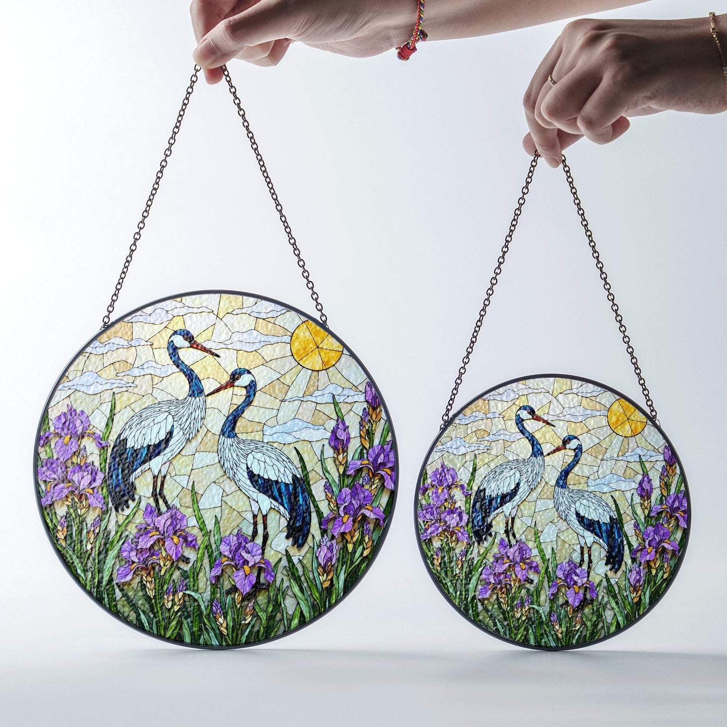 Crane and iris glass art round stained suncatcher window decor perfect gift for mom