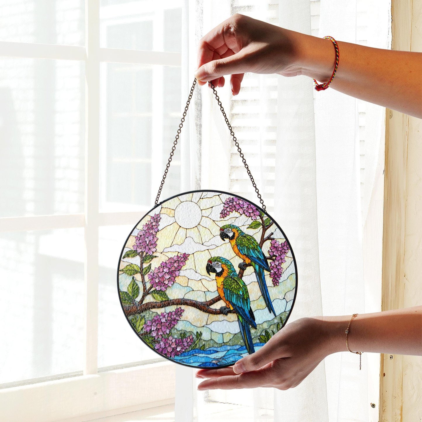 Blue Yellow Parrots Tropical Bird Stained Glass Window Hanging Gift for Bird Lovers
