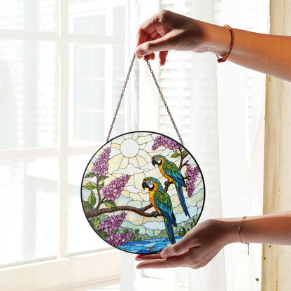 Blue Yellow Parrots Tropical Bird Stained Glass Window Hanging Gift for Bird Lovers