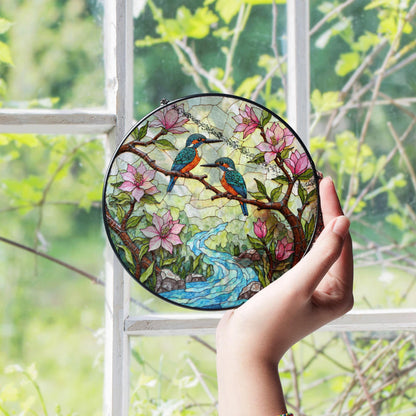 kingfishers on branch stained glass suncatcher bird window decor gift for bird lovers